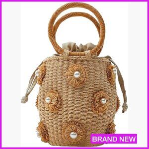 Rattan Straw Tote Bag Handmade Woven Beach Bucket Drawstring Handbag